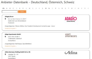Auszug aus der Apartment-Anbieter-Datenbank