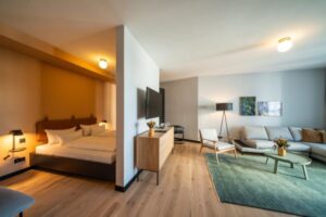 Blick in ein modernes Apartment mit Schlaf- und Wohnbereich