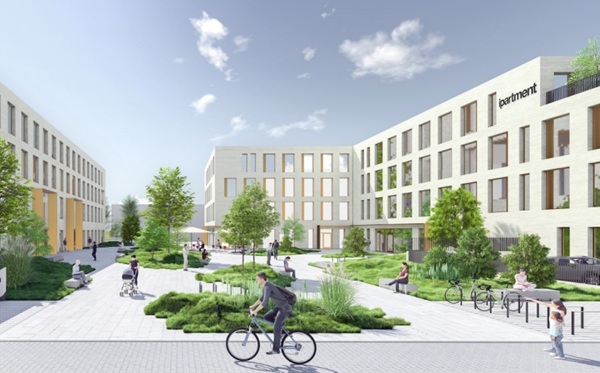 Rendering zweier vierstöckiger Gebäude mit Flachdach