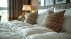 Detail eines Hotelbetts mit farblich abgesetzten Kissen