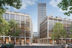 Rendering eines Hochhauses zwischen zwei modernen Gebäuden