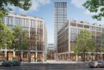 Rendering eines Hochhauses zwischen zwei modernen Gebäuden