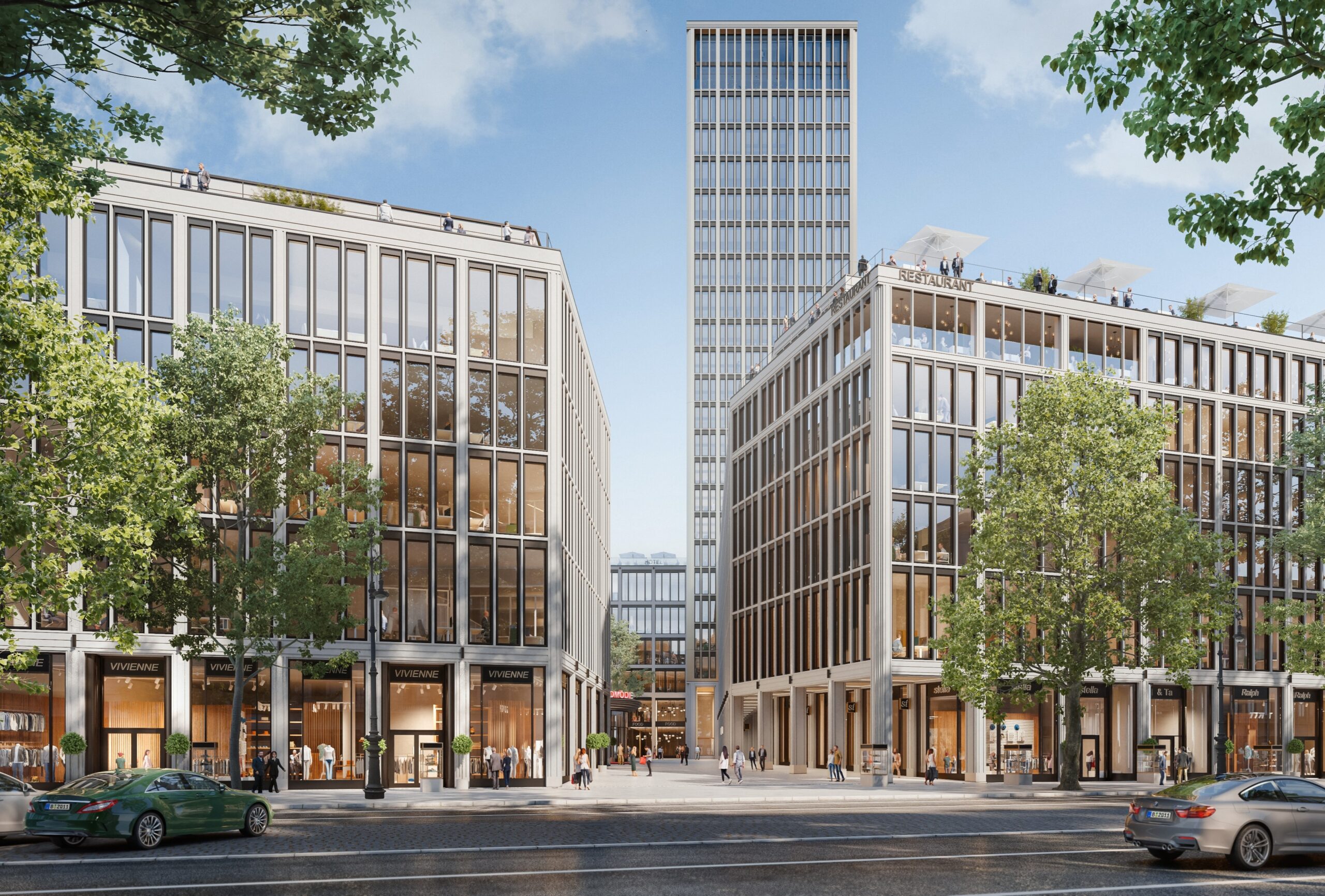Rendering eines Hochhauses zwischen zwei modernen Gebäuden