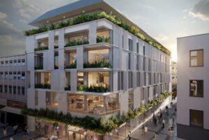 Rendering eines mehrstockigen modernen Hauses in einer Ecklage