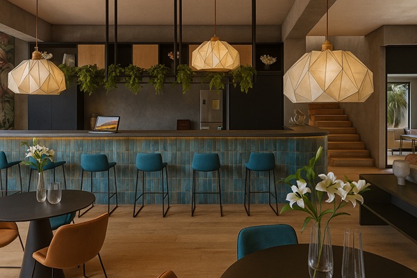 Bar- und Loungeberreich mit petrolfarbenen Polsterhockern