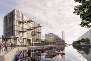 Rendering eines industriell geprägten Neubaus