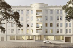 Rendering eines mehrgeschossigen modernen flachen Gebäudes mit halbrunden Erker