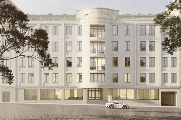 Rendering eines mehrgeschossigen modernen flachen Gebäudes mit halbrunden Erker