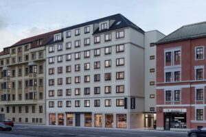 Rendering eines mehrgeschossigen modernen Gebäudes