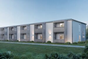 Visualisierung eines zweigeschossigen modernen Flachdachgebäudes