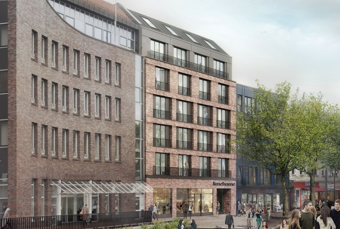 Rendering eines modernen Backsteingebäudes mit dunklem Satteldachgeschoss