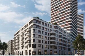 Visualisierung eines modernen Gebäudes mit zwei Türmen