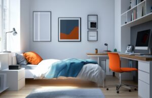 Blick in ein Zimmer mit Bett und Schreibtisch
