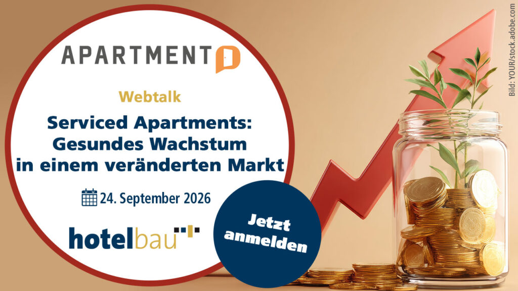 Promotional banner for a Webtalk on healthy growth in serviced apartments; features a jar of coins, rising arrow, and a 'Jetzt anmelden' button.