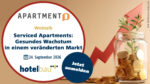 Promotional banner for a Webtalk on healthy growth in serviced apartments; features a jar of coins, rising arrow, and a 'Jetzt anmelden' button.