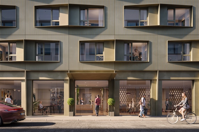 Rendering eines modernen mehrgeschossigen Gebäudes mit auffälligen Balkonlösungen