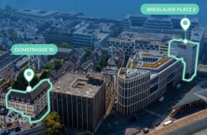 Luftaufnahme Nähe Kölner Hauptbahnhof mit markierten Gebäuden
