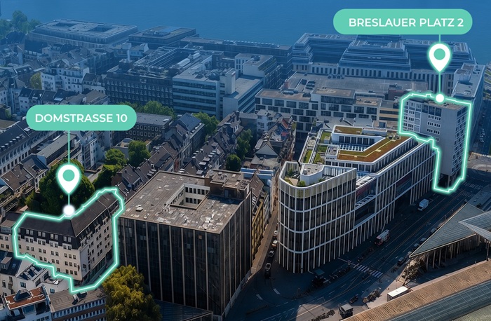 Luftaufnahme Nähe Kölner Hauptbahnhof mit markierten Gebäuden