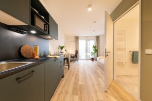 Apartment mit Küchenzeile, Schreibtisch und Bett