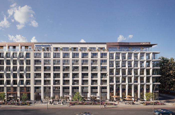 Rendering eines langestreckten modernen weißen Bauwerks